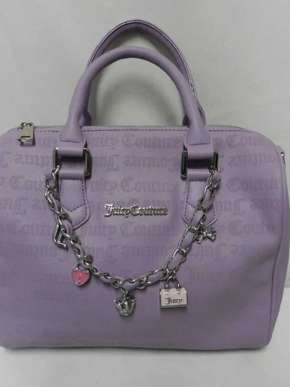 Juicy Couture faux leather barrel tote bag purse Purple zip top  Chain w/ Jewels